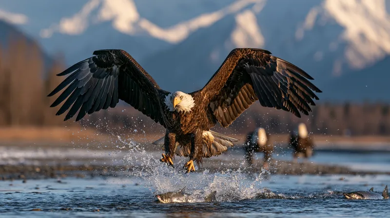 Bald eagle catching salmon (Haliaeetus leucocephalus) in Alaska