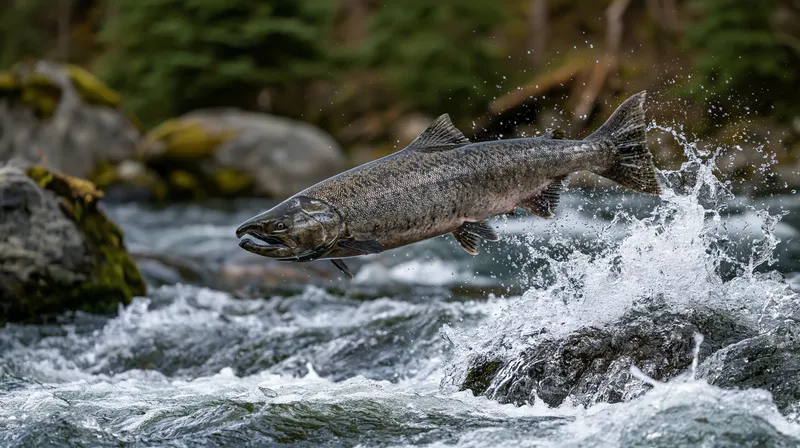 King (Chinook) salmon leaping (Oncorhynchus tshawytscha) in Alaska