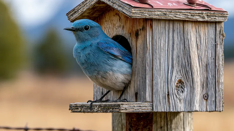 Mountain Bluebird (male at nest box) (Sialia currucoides) in Colorado