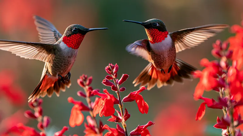 Ruby-throated Hummingbird (two males) (Archilochus colubris) in Georgia