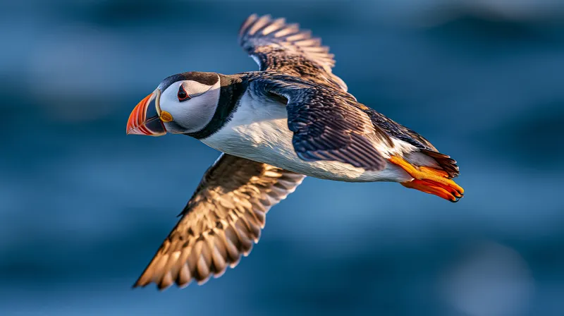 Atlantic puffins in flight (Fratercula arctica) in Maine