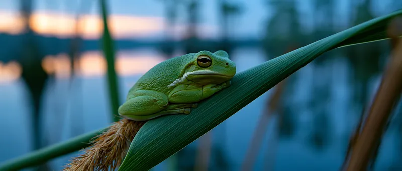 Green treefrog on cattail in Mississippi
