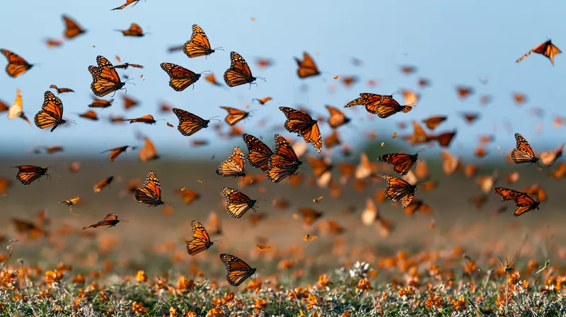 Monarch butterflies in flight (Danaus plexippus) in Texas