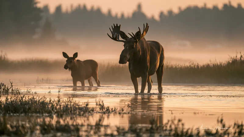 Moose in misty pond (cow and calf) (Alces alces) in Wyoming